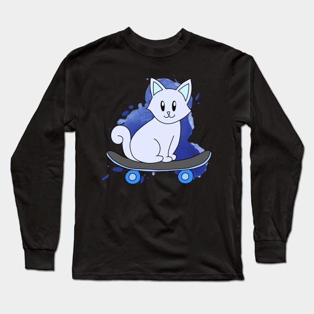 Blue Skater Cat Long Sleeve T-Shirt by pako-valor